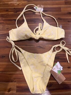 Women’s Yellow Floral Textured Tie Bikini Top & Bottom